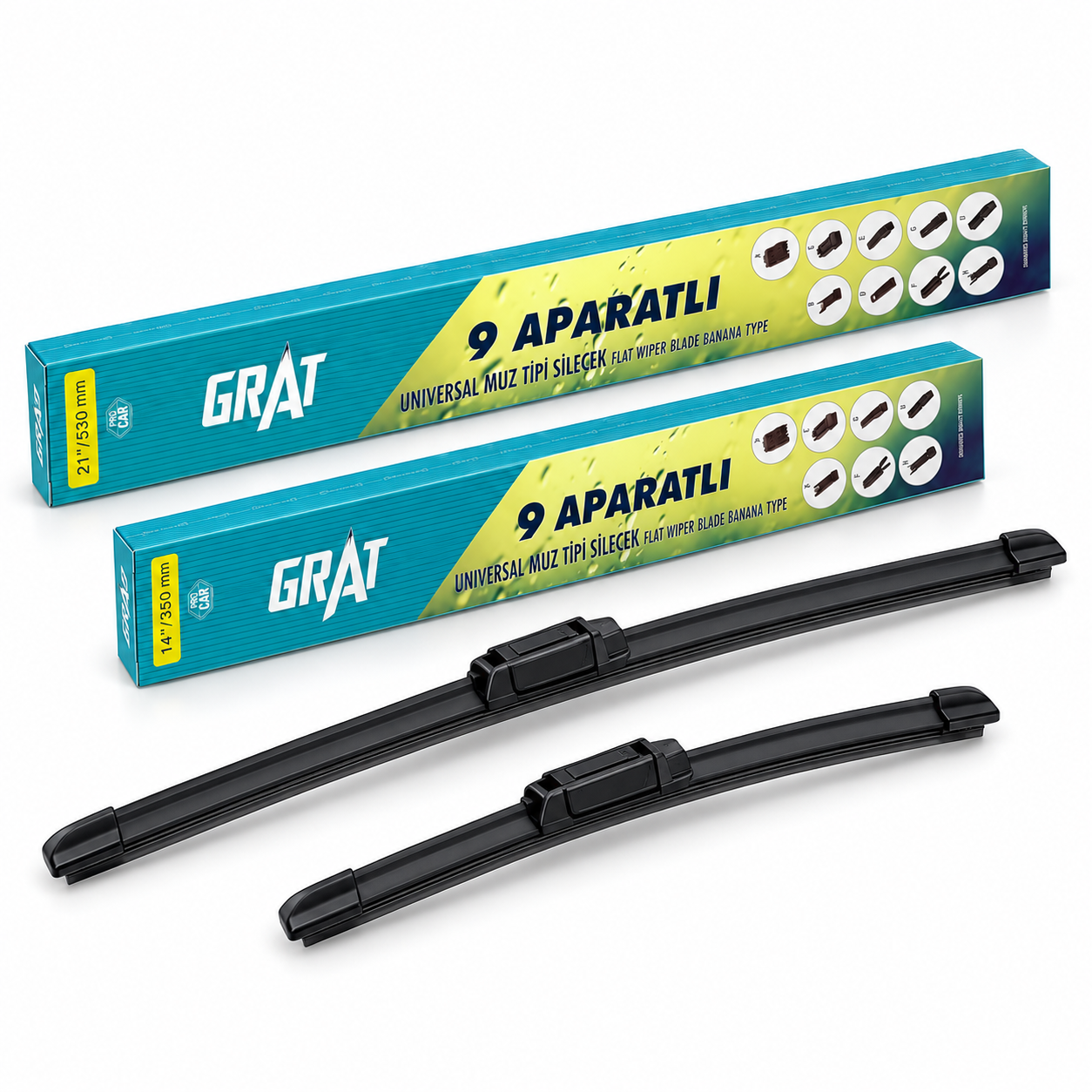 GRAT 9 aparatlı muz tipi silecek 350 mm ve 530 mm ikili set — temsili stüdyo görseli